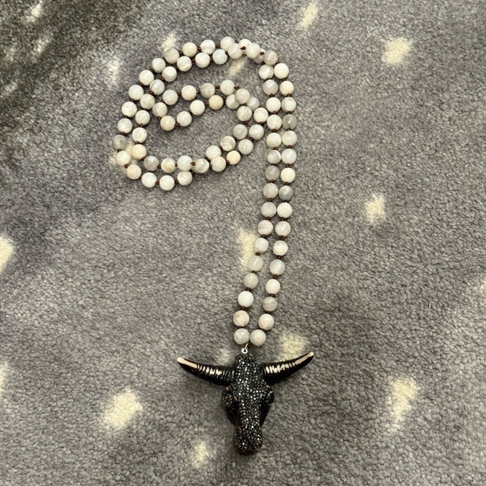 Western Beaded Necklace Pave Crystal Steer Pendant